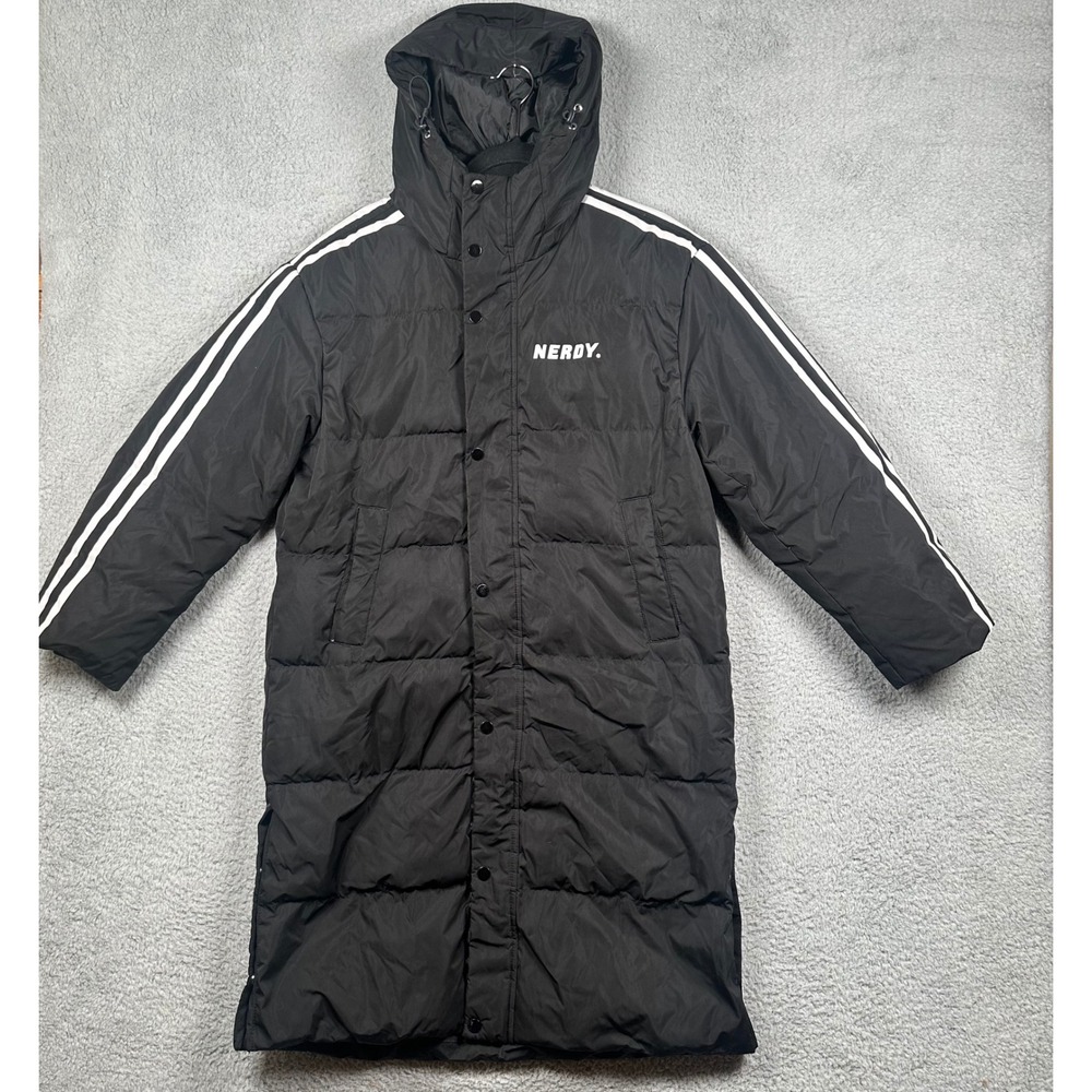 Nerdy‎ Long Puffer Jacket Black Hooded Duck Down Racing Stripe Mens Small
